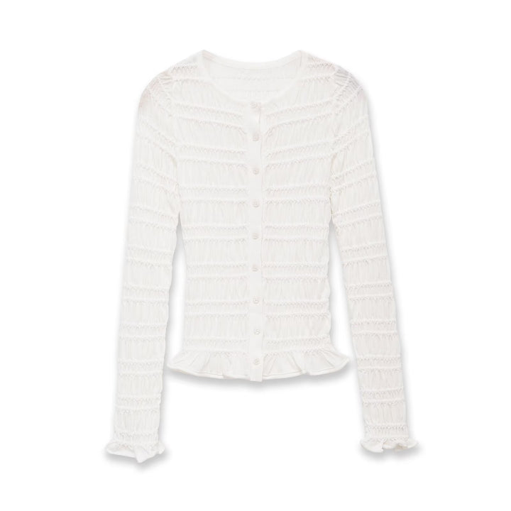 Damen Gesmoktes Feinstrick-Cardigan mit Rüschenabschluss und Knopfleiste Echo Archiv