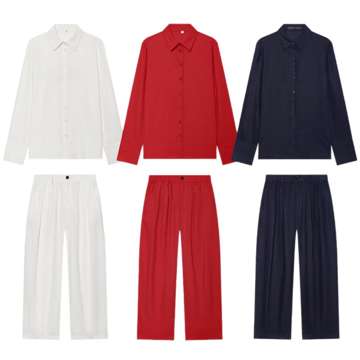 Damen Zweiteiliges Satin-Set mit weichem Oversized-Hemd und hochgeschnittener Palazzo-Hose Echoarchiv