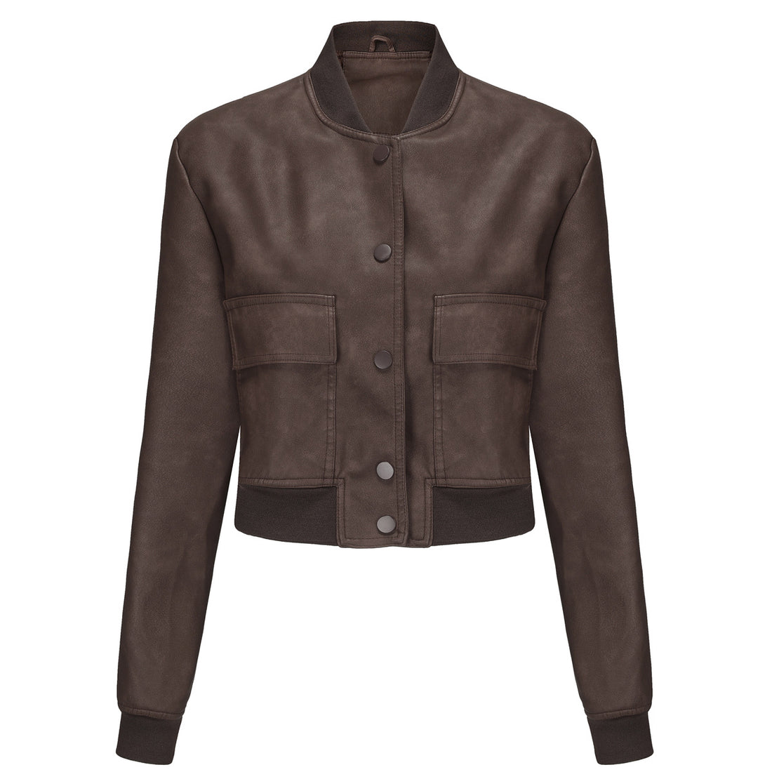 Damen kurze Crop-Kunstlederjacke im Blousonstil mit Druckknopffront und aufgesetzten Pattentaschen – Célinea