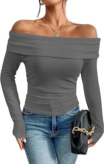 Damen Figurbetontes Schulterfreies Langarm Feinstrickshirt mit Carmenausschnitt Echo Archiv