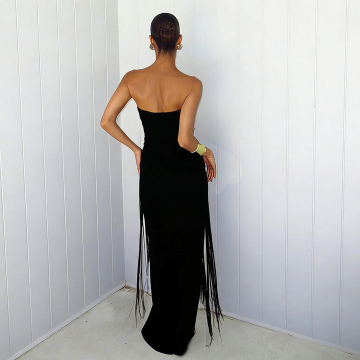 Damen Elegantes Maxi-Kleid mit Fransen und tiefem Ausschnitt Echo Archiv