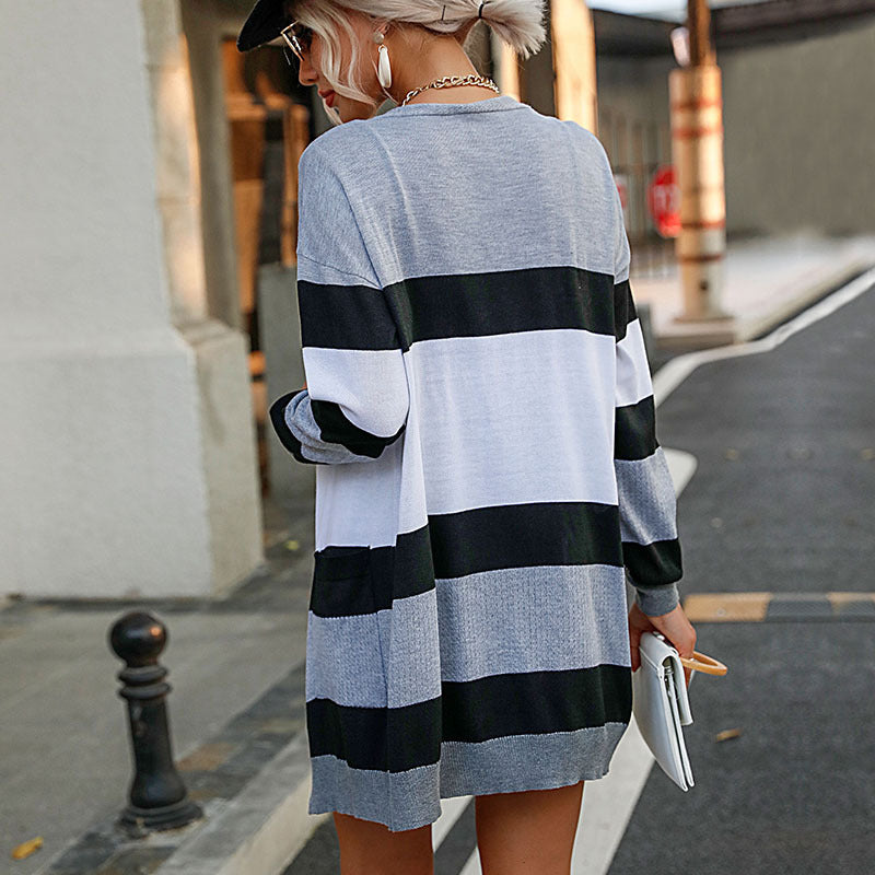 Damen Langer Strick‑Cardigan mit Blockstreifen und Eingrifftaschen Echoarchiv