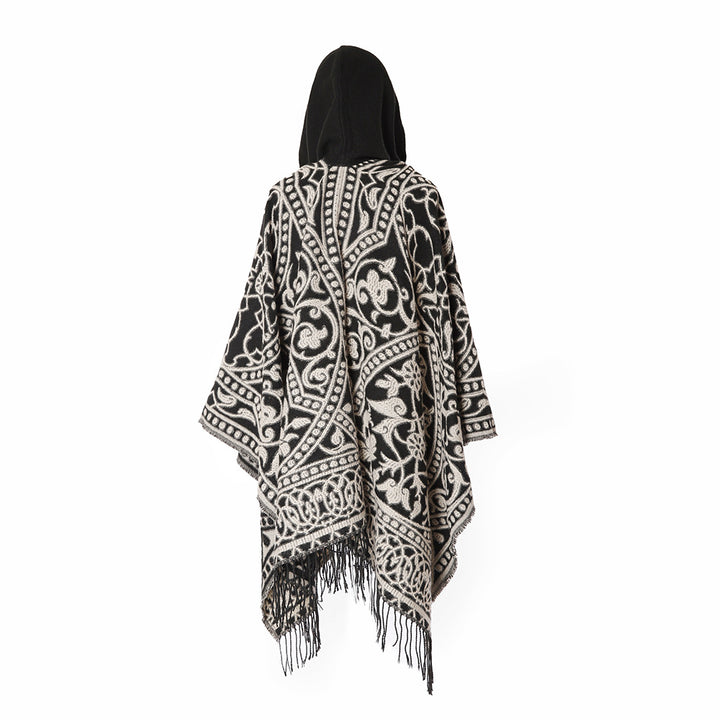 Damen Kapuzen-Ruana aus Wollmix mit Ornament-Jacquard und Fransen – Avérine