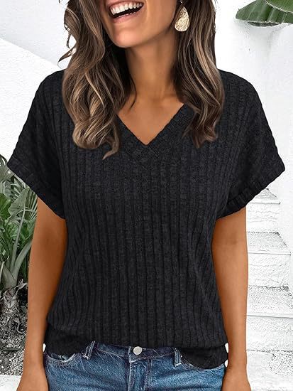 Damen lässiges V-Ausschnitt T-Shirt mit Streifenstruktur Echo Archiv