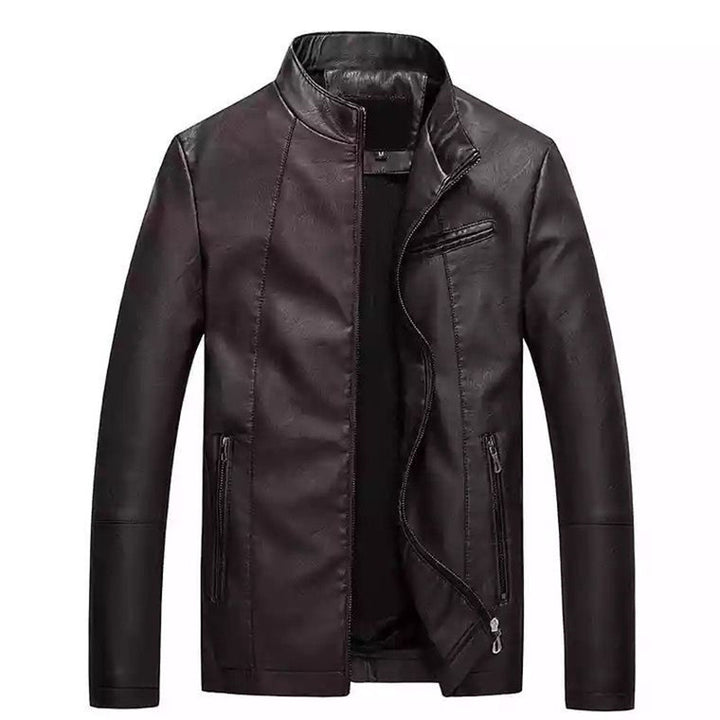 Herren Slim-Fit Kunstlederjacke mit Stehkragen und Reißverschlusstaschen Echoarchiv