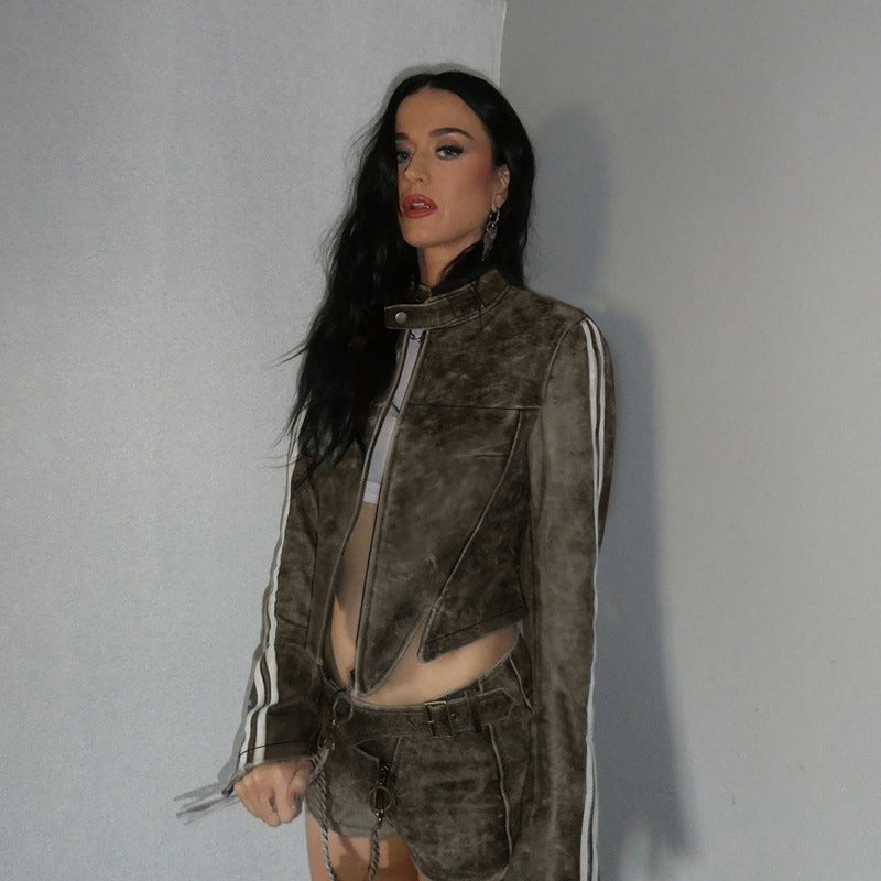 Damen Kurz geschnittene Bikerjacke aus Vintage‑Optik Kunstleder – Avérine