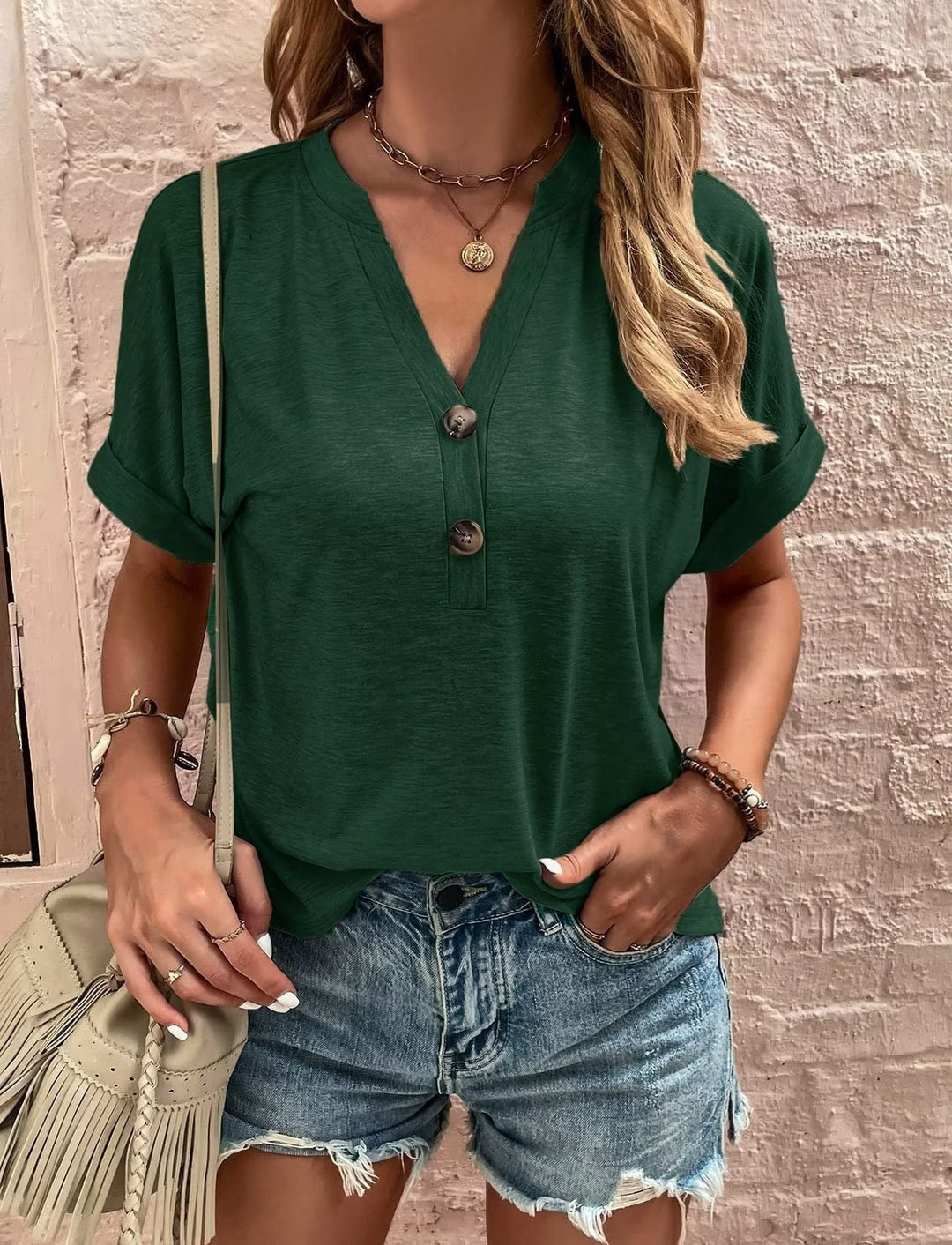 Damen legeres V-Ausschnitt T-Shirt mit Knopfleiste Echoarchiv