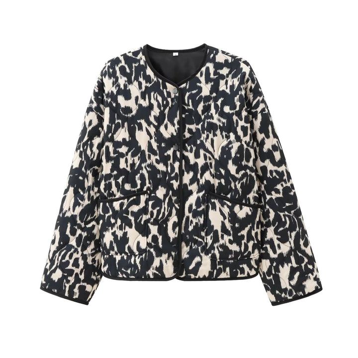 Damen gesteppte Kurzjacke mit animalischem Print, Rundhalsausschnitt und Druckknopfleiste – Célinea