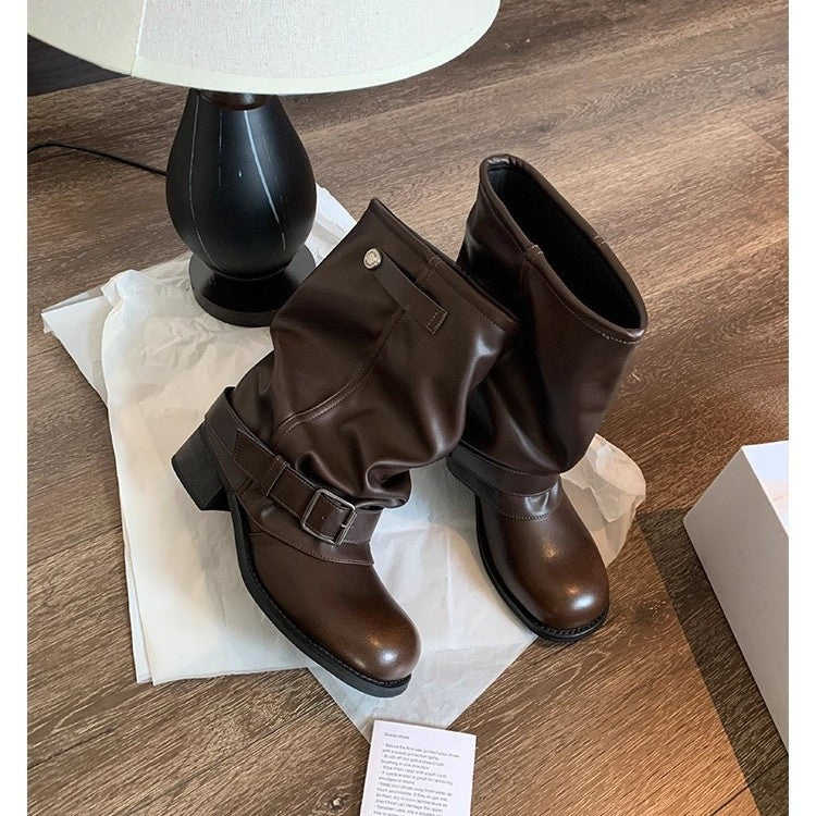 Damen Mid-Calf Bikerstiefel aus Glattleder mit verstellbarem Schnallenriemen Echo Archiv