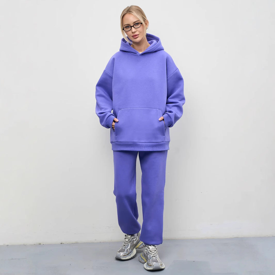 Damen lässiges Kapuzen-Sweatset aus schwerer Baumwollfleece mit Kängurutasche und gerader Jogginghose – Auréline