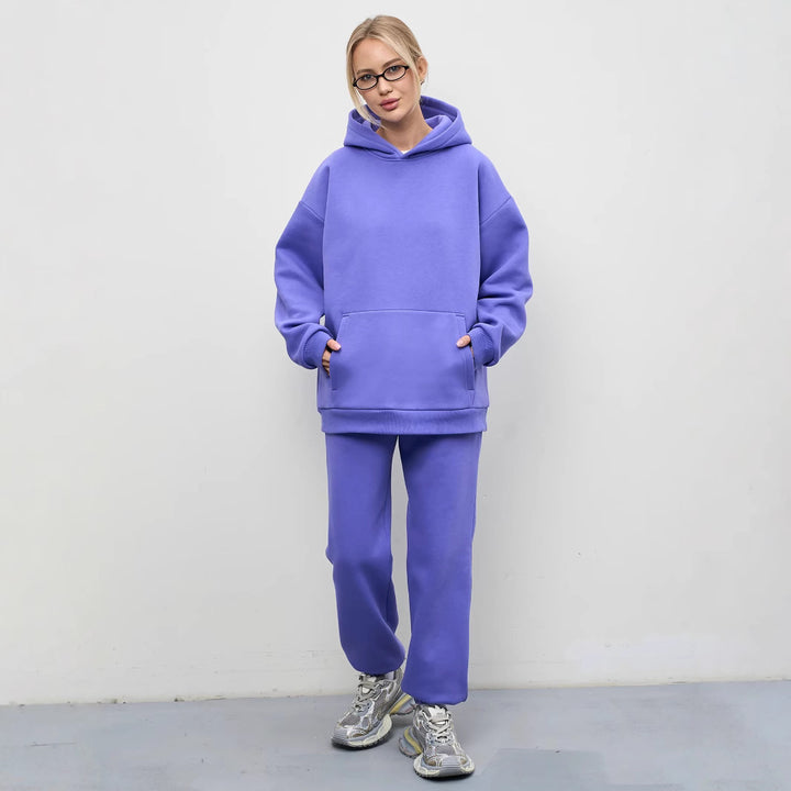 Damen lässiges Kapuzen-Sweatset aus schwerer Baumwollfleece mit Kängurutasche und gerader Jogginghose – Auréline