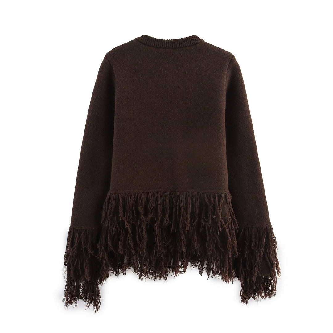 Damen Fransenponcho mit Rundhalsausschnitt und dekorativem Knopfverschluss – Célinea