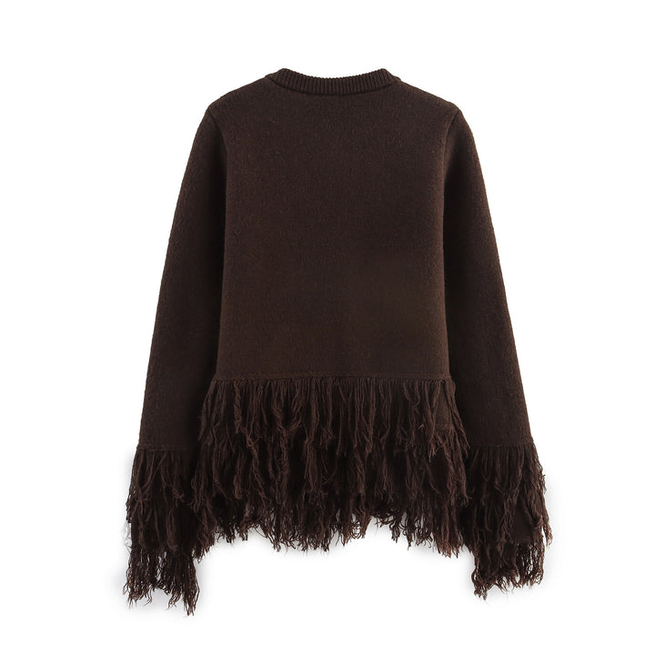 Damen Fransenponcho mit Rundhalsausschnitt und dekorativem Knopfverschluss – Célinea