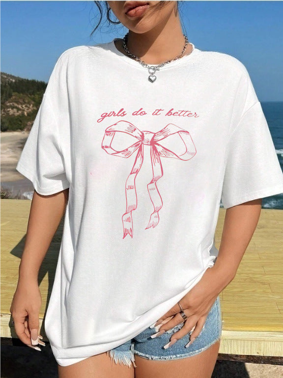 Damen T-Shirt mit kreativem Katzenmotiv und verspielter Schleife Echo Archiv