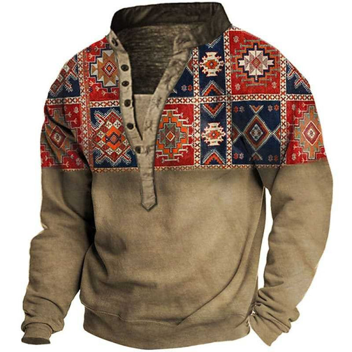 Herren Fleece-Pullover mit einzigartigem Ethno-Muster und praktischen Knopfdetails Echoarchiv
