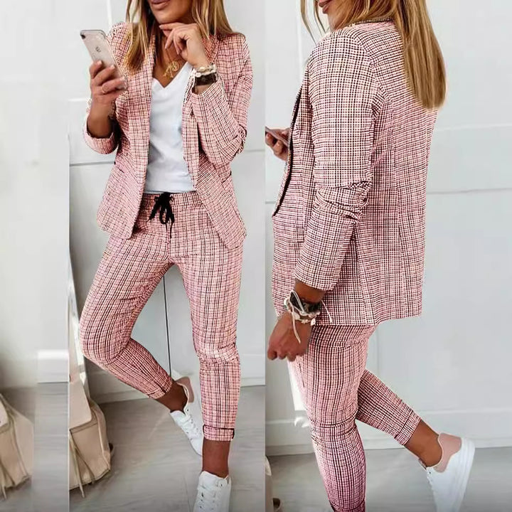 Damen Zweiteiler karierter Blazer und Slim-Fit Jogginghose mit Tunnelzug – Valéne