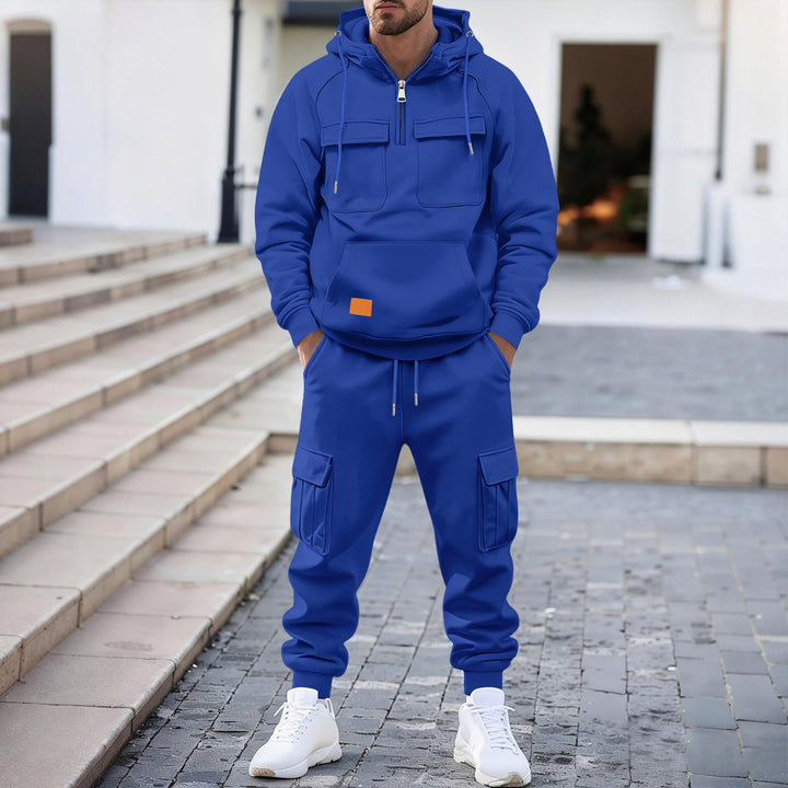 Herren technischer Oversize-Hoodie mit Halbzip, Kapuze, Kängurutasche und aufgesetzten Utility-Taschen – Cavarno