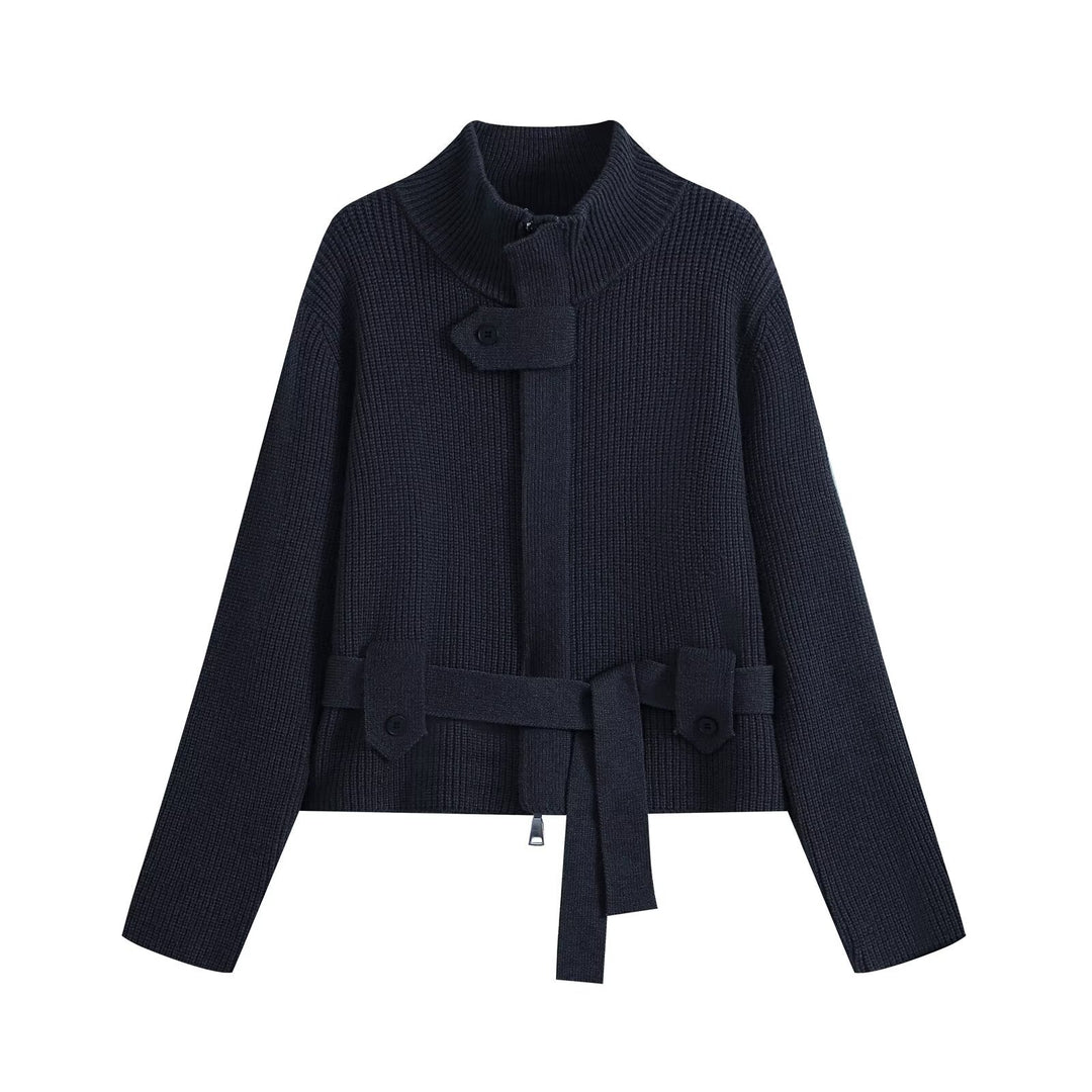 Damen Kurzgestrickte Taillierte Strickjacke mit Stehkragen und Taillengurt Echo Archiv