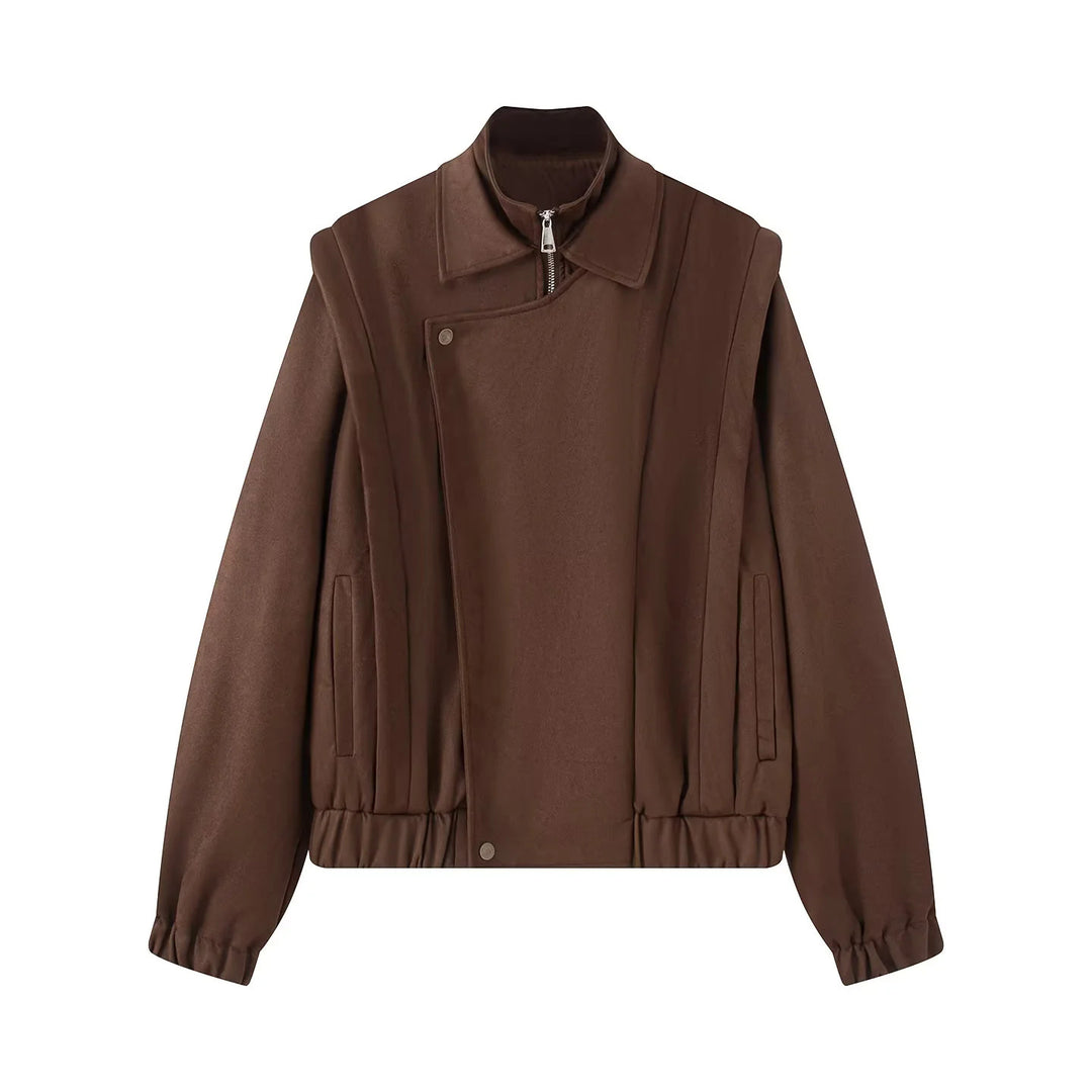 Damen asymmetrische Blousonjacke mit verdeckter Reißverschlussblende, Stehkragen und taillennahem Kordelzug – Célinea