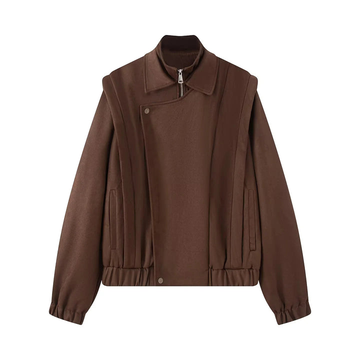 Damen asymmetrische Blousonjacke mit verdeckter Reißverschlussblende, Stehkragen und taillennahem Kordelzug – Célinea