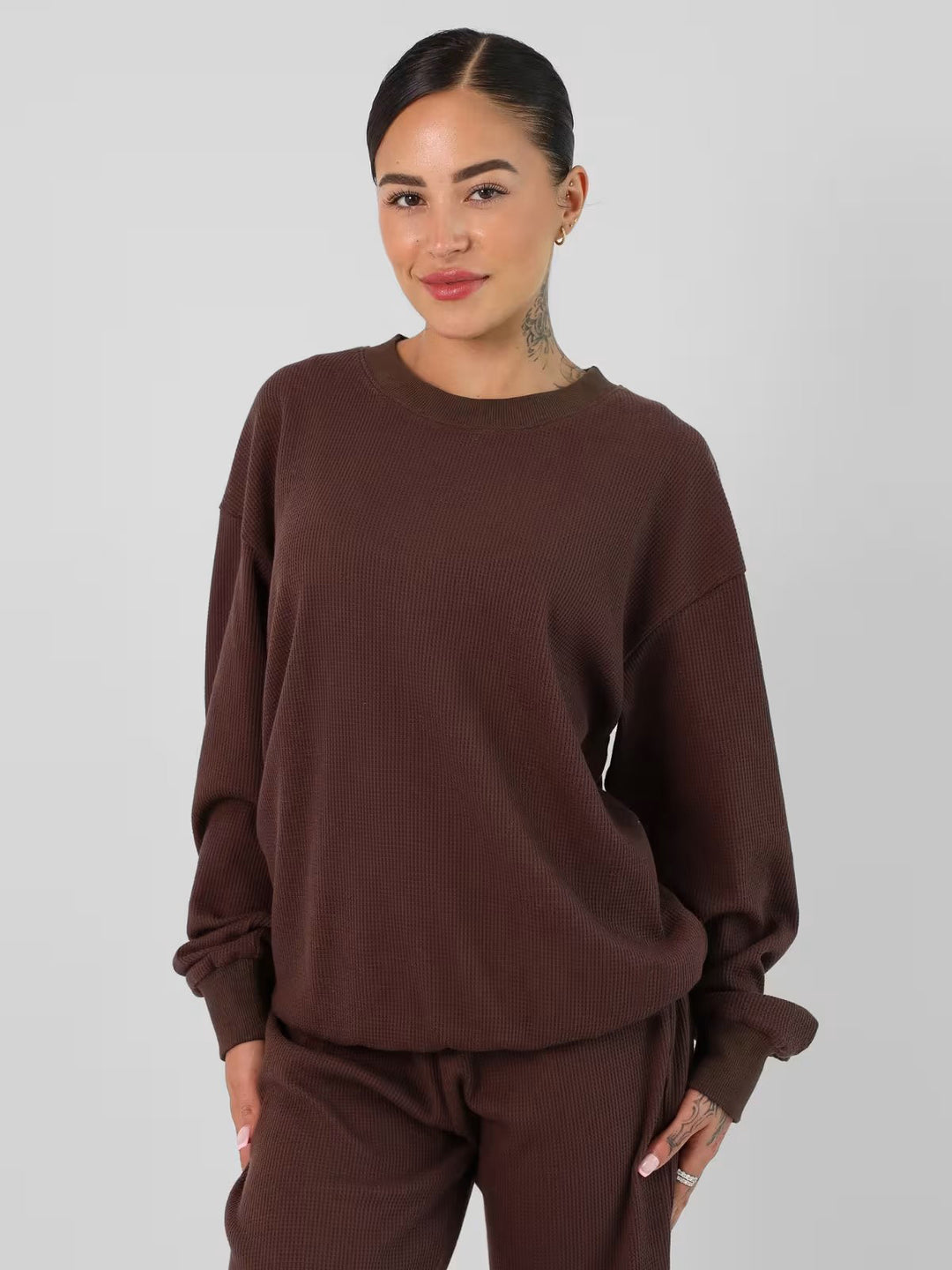 Damen Waffelstrick-Loungewear-Set mit Oversized-Sweater und Kordel-Jogginghose – Avérine