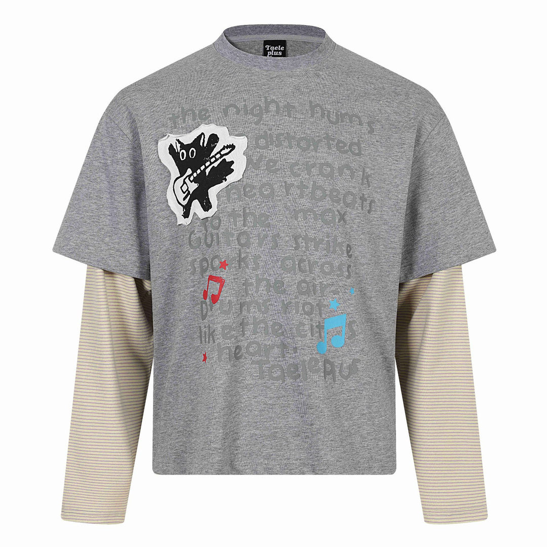 Unisex Lagenlook-Longsleeve-T-Shirt mit aufgesetztem Kurzarm-Layer und Grafikprint Echoarchiv