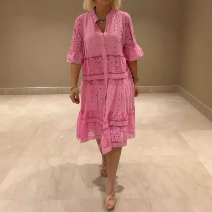 Damen nan Hemdblusen-Midikleid mit Spitzen-Einsätzen, Stufenrock und durchgehender Knopfleiste Echo Archiv