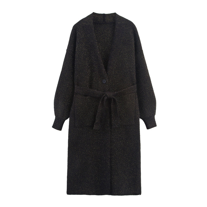 Damen Lange Strickjacke mit Bindegürtel, aufgesetzten Taschen und tiefem V-Ausschnitt Echoarchiv