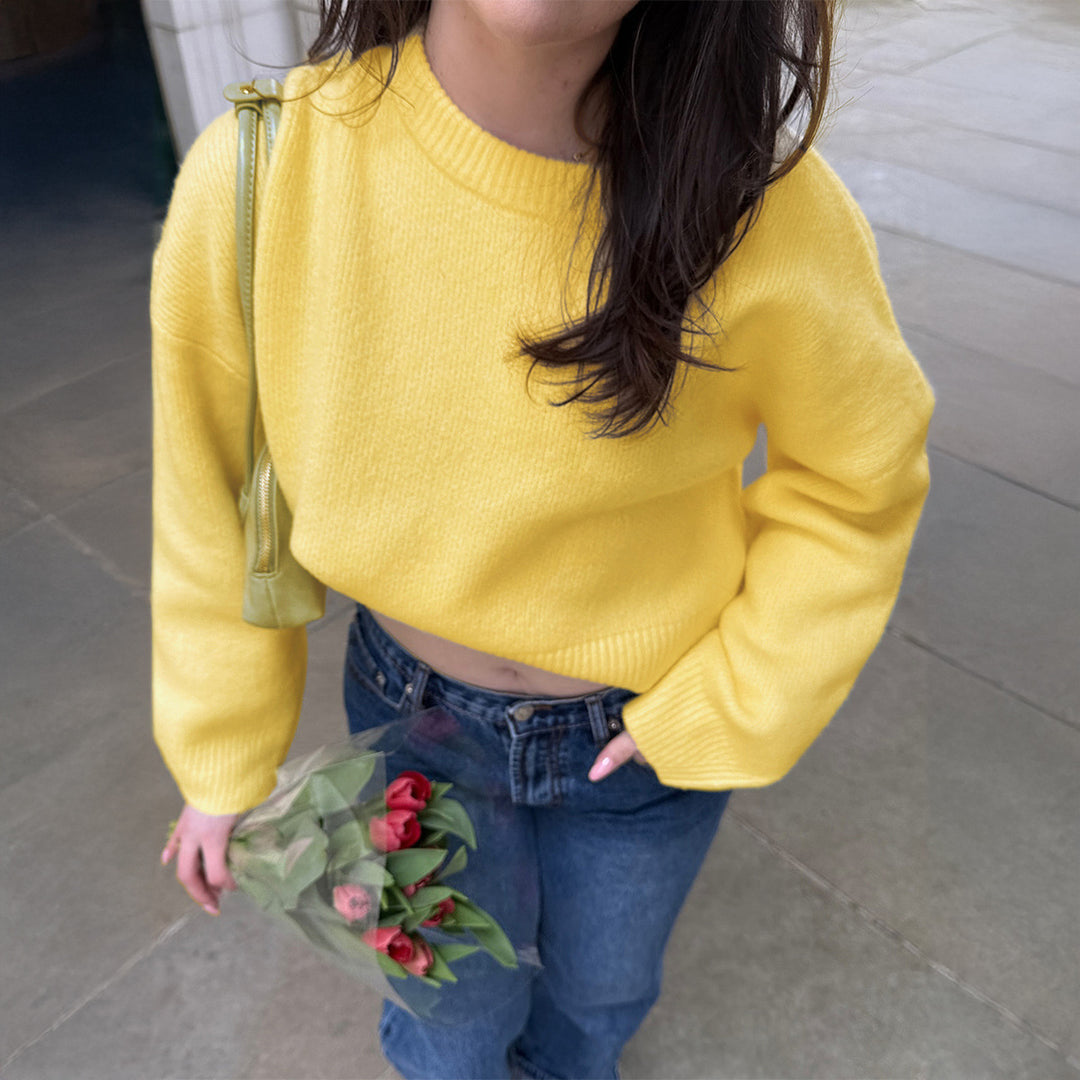 Damen Oversize-Feinstrickpullover mit Stehkragen, verlängerter Rückenpartie und Ballonärmeln – Mavelle