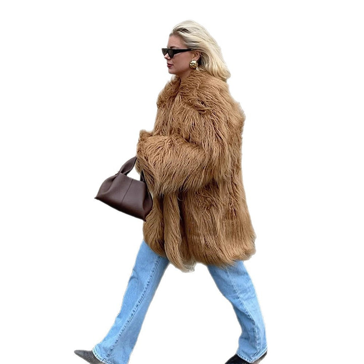 Damen Oversize Shaggy‑Kunstpelz‑Mantel mit langer Florstruktur und verdeckter Knopfleiste Echoarchiv