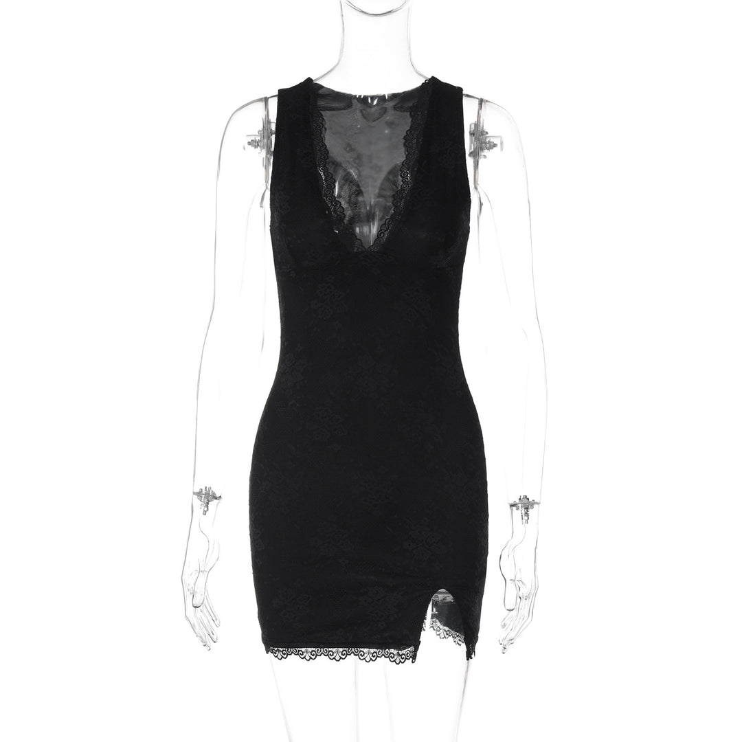 Damen Spitzenkleid mit tiefem V-Ausschnitt und seitlichem Schlitz Echo Archiv