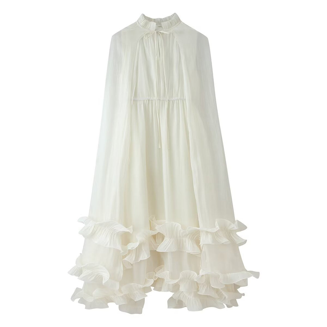 Damen Maxikleid mit Volant‑Cape, mehrlagigem Stufenrock und Stehkragen Echoarchiv