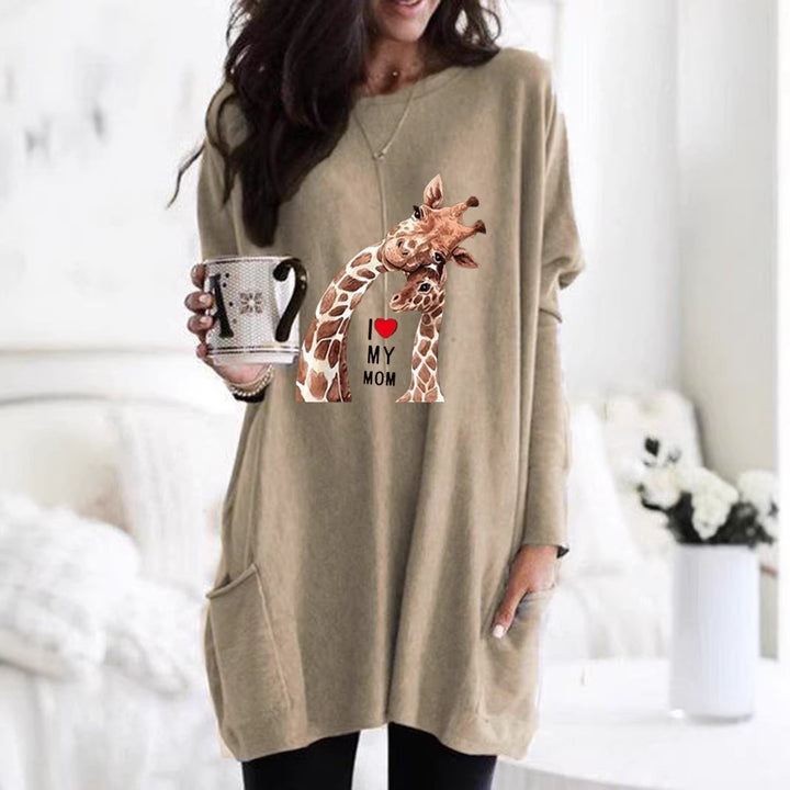 Frauen Übergroße Sweatkleid mit Giraffenmuster, Rundhalsausschnitt und Seitentaschen Echoarchiv