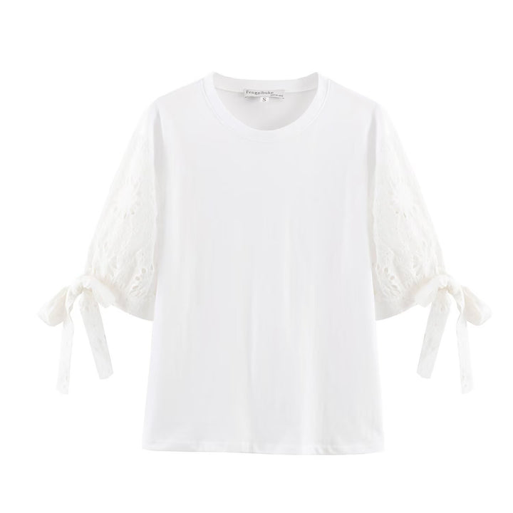 Damen T-Shirt mit elegantem Spitzenschnitt und zeitloser Schleifen-Applikation Echo Archiv