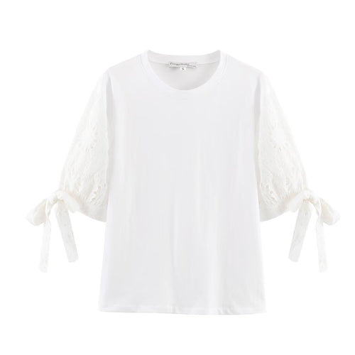 Damen T-Shirt mit elegantem Spitzenschnitt und zeitloser Schleifen-Applikation Echo Archiv
