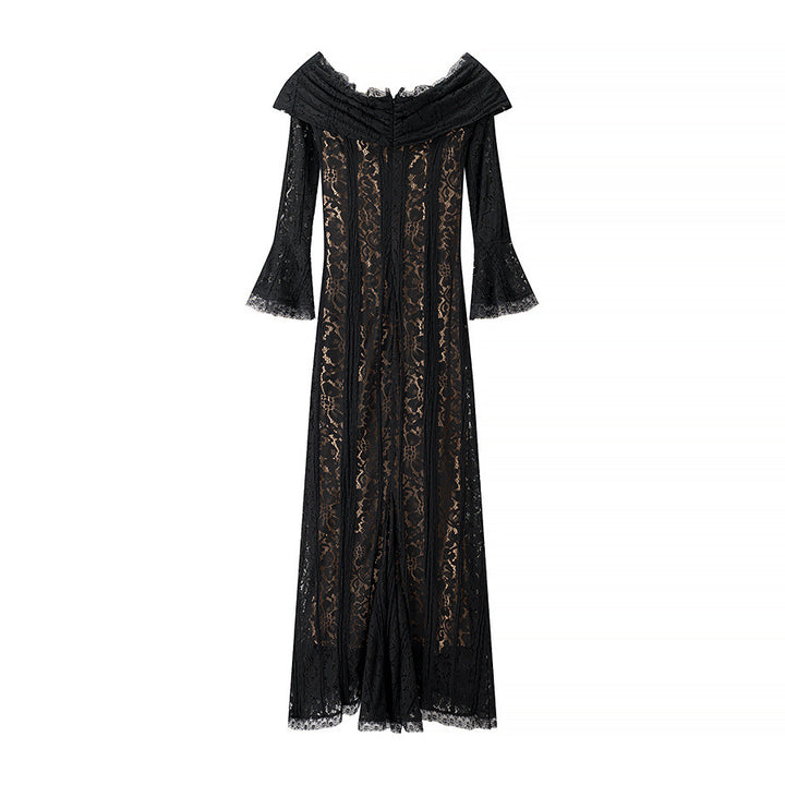 Damen Spitzenmaxikleid mit Carmen-Ausschnitt, durchscheinender Spitze, figurumspielender Innenlage und Glockenärmeln – Valéora