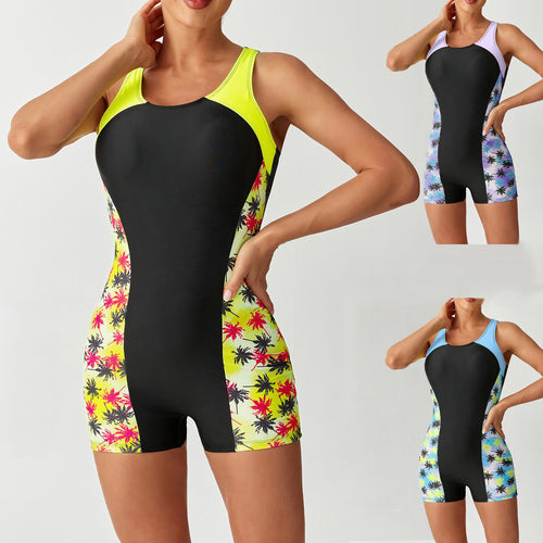 Damen Sportlicher Schwimmanzug mit hohem Kragen und buntem Palmendruck Echo Archiv