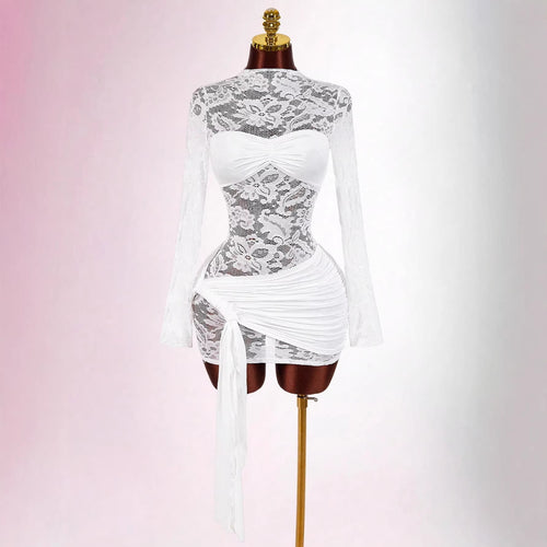 Damen nan transparentes Spitzen-Minikleid mit Bandeau-Einsatz, gerafftem Wickelrock und langen Ärmeln Echo Archiv