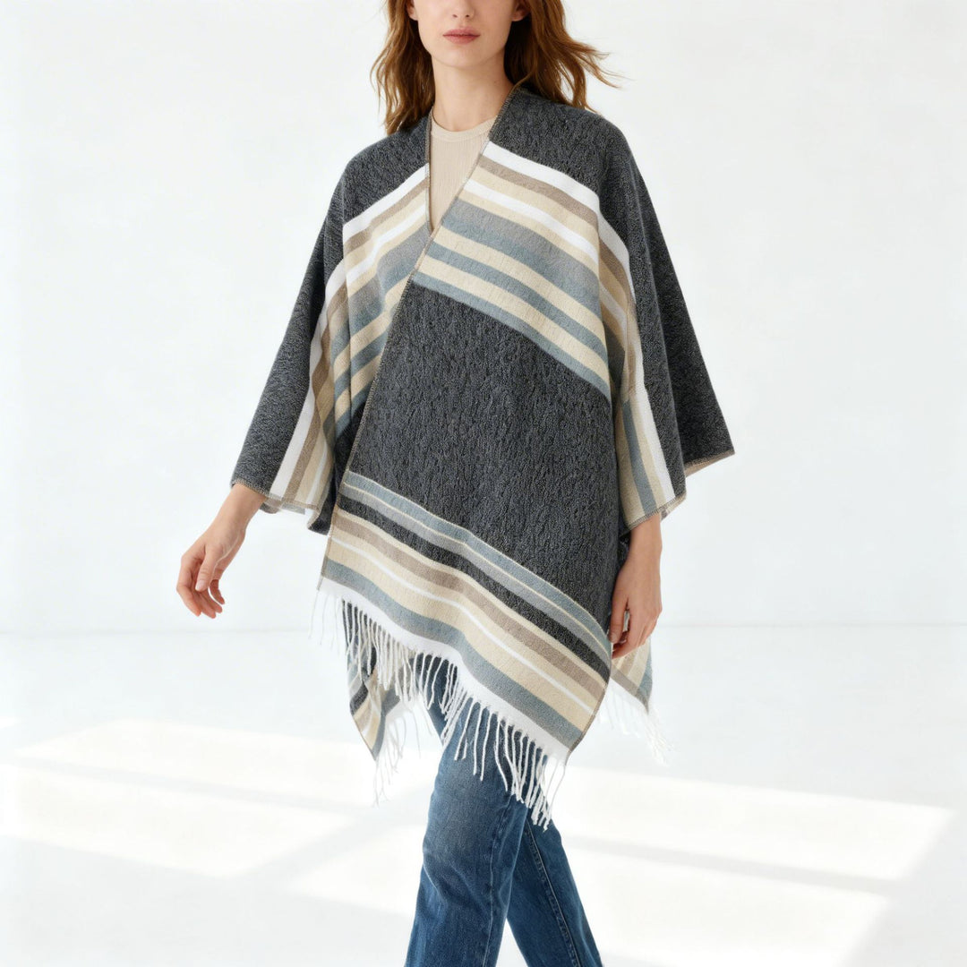 Damen Gestreifter Wollmix-Poncho mit Fransensaum – Avérine
