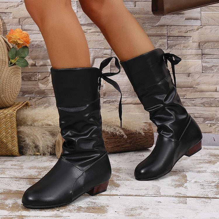 Damen nan schafthöhe Stiefel mit Raffung, rückseitiger Schnürung und niedrigem Blockabsatz Echo Archiv