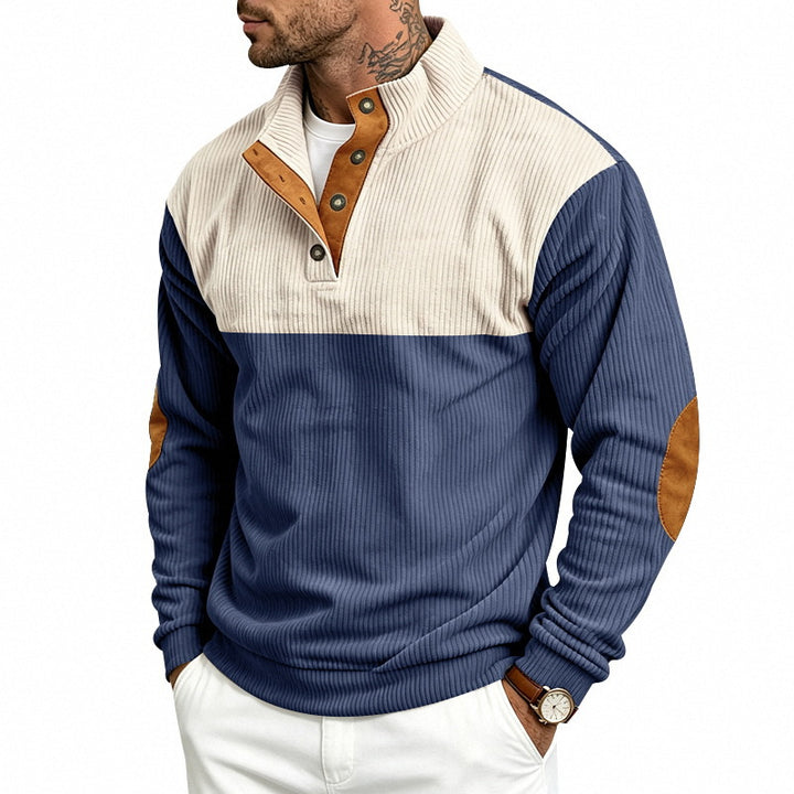 Herren Gerippter Stehkragen-Pullover mit Knopfleiste, Kontrastblende und Ellbogen-Patches Echoarchiv