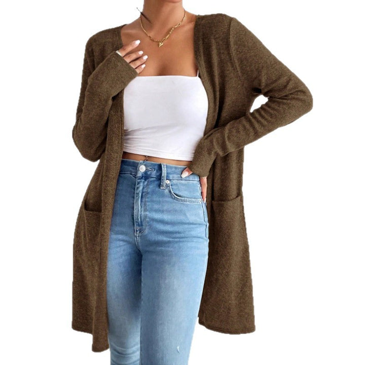 Damen offener Longcardigan mit aufgesetzten Taschen und weichem Feinstrick – Veloura