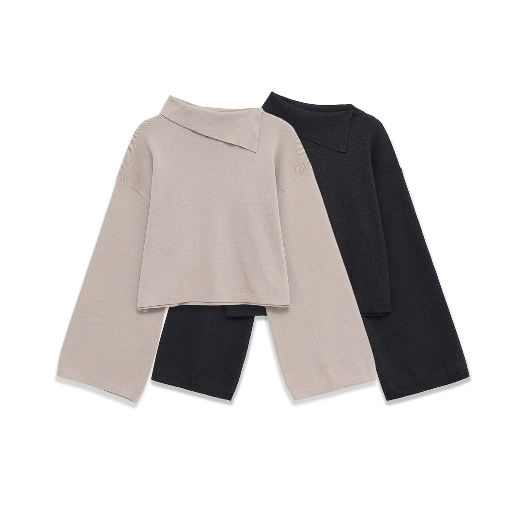Damen oversized kurz geschnittener Pullover mit asymmetrischem Stehkragen und weitem Kimonoärmeln – Mavelle