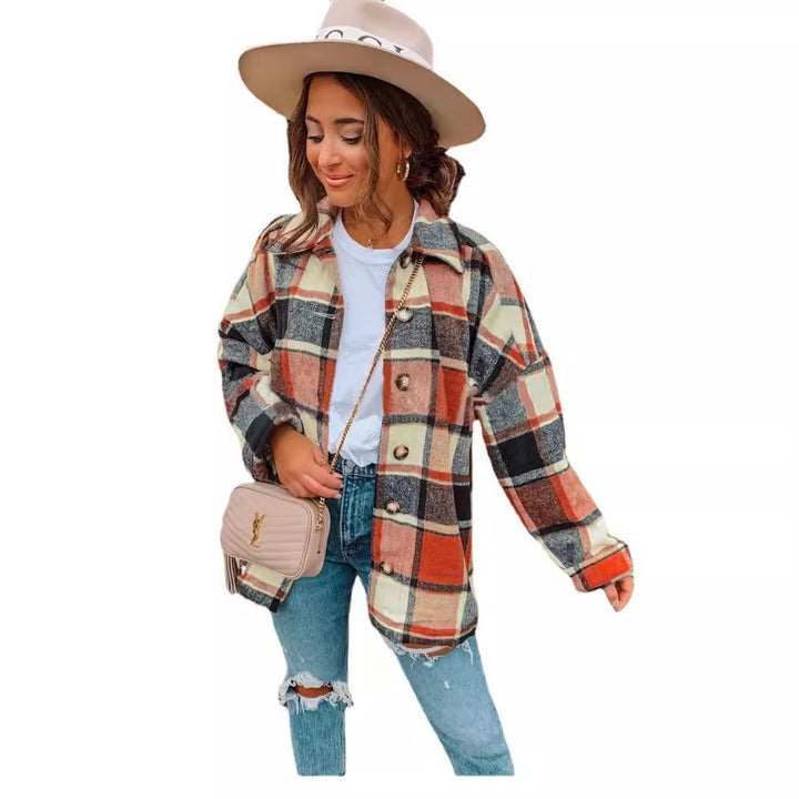 Damen Oversized Kariertes Flanell‑Shacket mit Brusttaschen und Holzknöpfen Echoarchiv