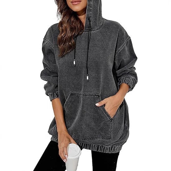 Damen Oversize Kapuzenpullover aus verwaschenem Jeansstoff mit Kängurutasche Echoarchiv