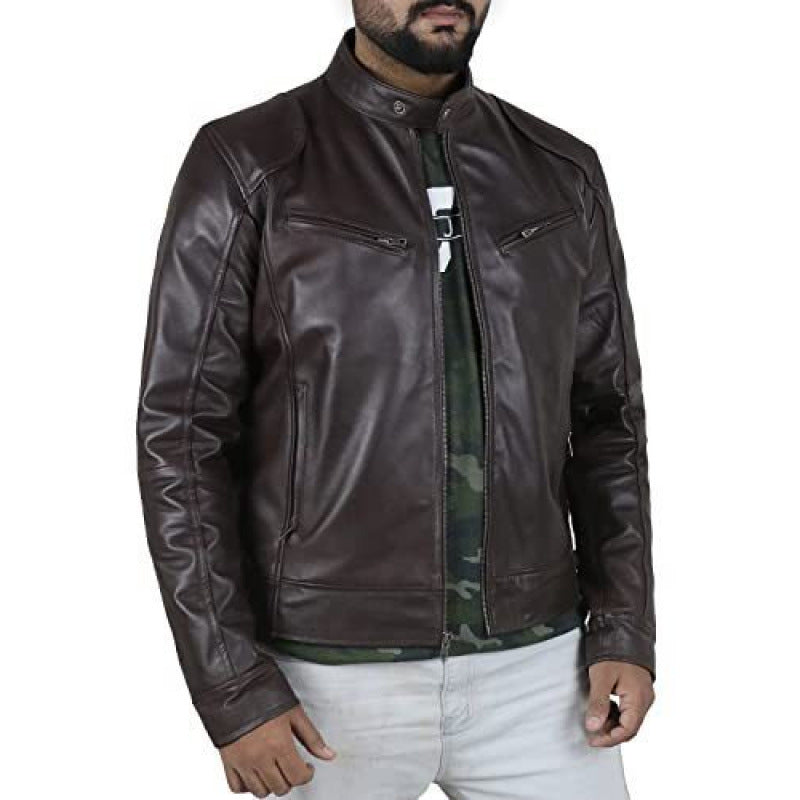 Herren Bikerjacke aus hochwertigem Leder mit kontrastierenden Nähten Echoarchiv