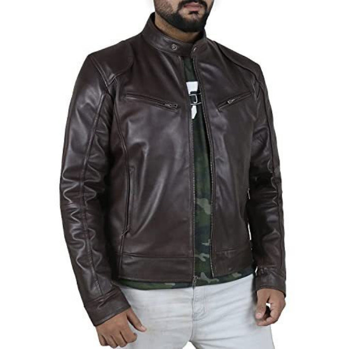 Herren Bikerjacke aus hochwertigem Leder mit kontrastierenden Nähten Echoarchiv