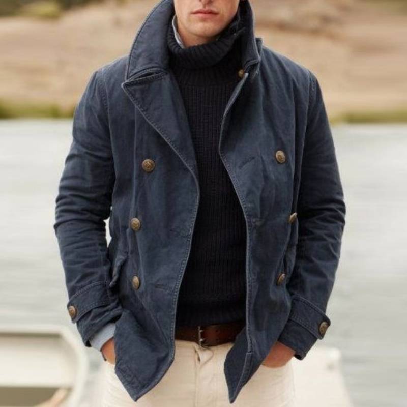 Herren Winddichte Fischerjacke mit doppelter Knopfleiste und hohem Kragen Echoarchiv