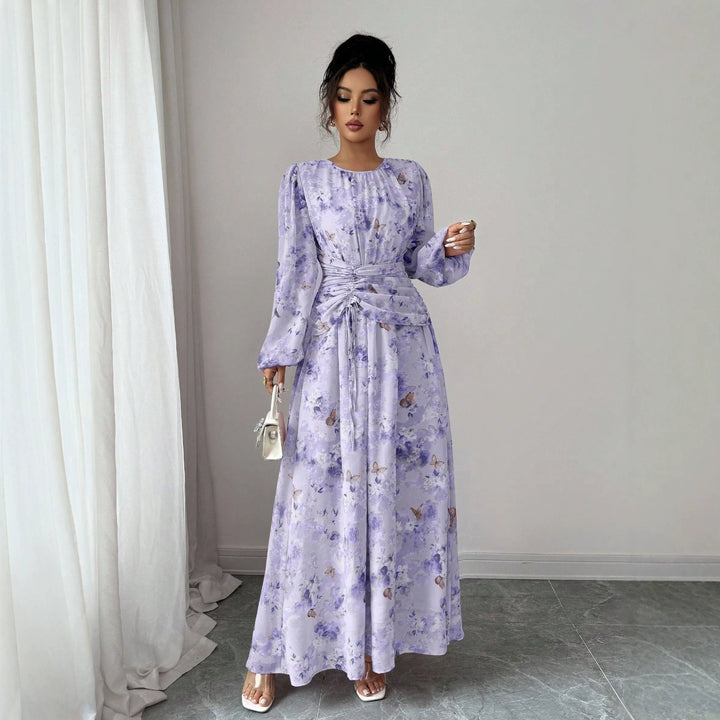 Damen Maxikleid mit floralem Schmetterlingsprint, geraffter Taillenpartie und langen Ballonärmeln Echo Archiv