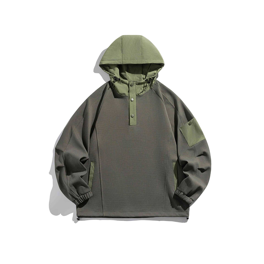 Unisex Oversize Kapuzen-Anorak-Pullover mit halber Druckknopfleiste, Utility-Ärmeltasche und Thermostruktur Echoarchiv